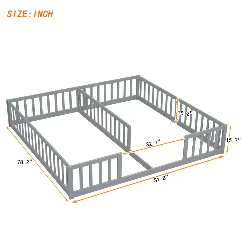 Cadre de lit double Okak avec barrières de sécurité, sans porte, lit au sol moderne pour chambre de tout-petits/enfants