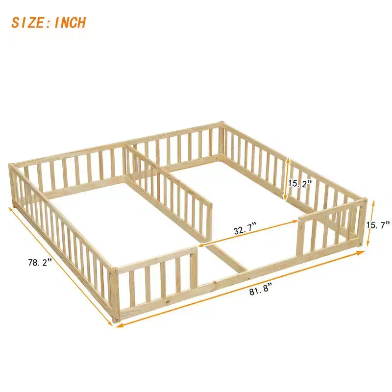 Cadre de lit double Okak avec barrières de sécurité, sans porte, lit au sol moderne pour chambre de tout-petits/enfants