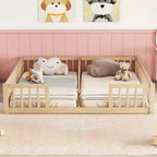 Cadre de lit double Okak avec barrières de sécurité, sans porte, lit au sol moderne pour chambre de tout-petits/enfants