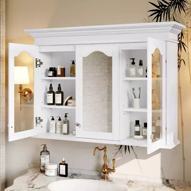Armoire à pharmacie 40W avec miroir, meuble de rangement de salle de bain avec étagères réglables et portes vitrées, armoire miroir murale, blanc - ModernLuxe