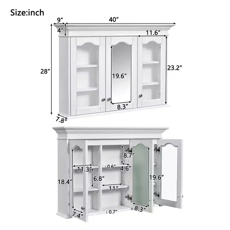 Armoire à pharmacie 40W avec miroir, meuble de rangement de salle de bain avec étagères réglables et portes vitrées, armoire miroir murale, blanc - ModernLuxe