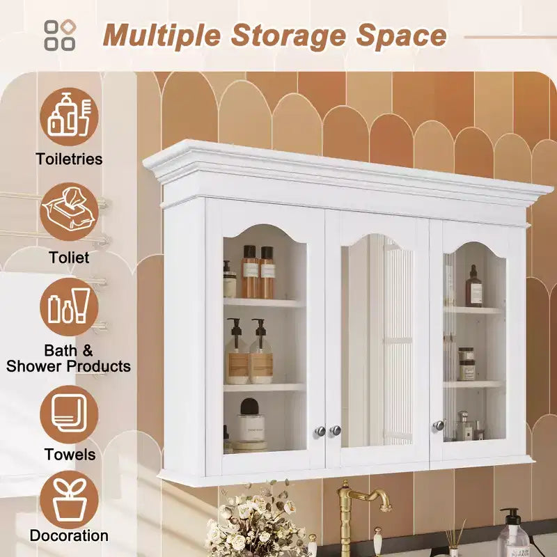Armoire à pharmacie 40W avec miroir, meuble de rangement de salle de bain avec étagères réglables et portes vitrées, armoire miroir murale, blanc - ModernLuxe