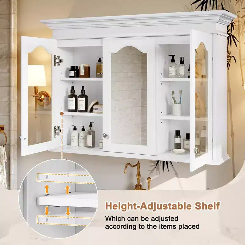 Armoire à pharmacie 40W avec miroir, meuble de rangement de salle de bain avec étagères réglables et portes vitrées, armoire miroir murale, blanc - ModernLuxe