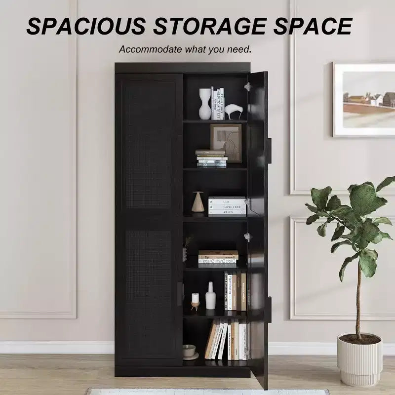 Buffet en bois grainé noir 72x31x16, organisateur de rangement avec étagères réglables et portes en rotin pour cuisine, chambre, entrée, salon