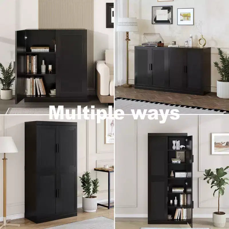 Buffet en bois grainé noir 72x31x16, organisateur de rangement avec étagères réglables et portes en rotin pour cuisine, chambre, entrée, salon