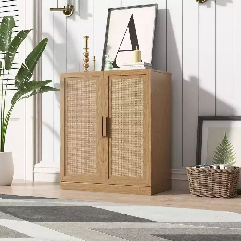 Buffet de 36x31x16 en grain de bois, organisateur de rangement avec étagères réglables et portes en rotin pour cuisine, chambre, salon/salle à manger