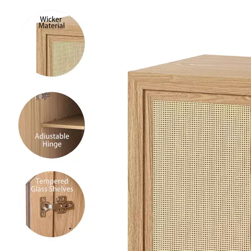 Buffet de 36x31x16 en grain de bois, organisateur de rangement avec étagères réglables et portes en rotin pour cuisine, chambre, salon/salle à manger