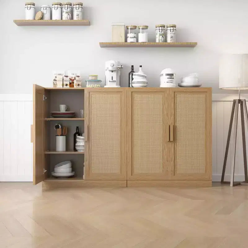 Buffet de 36x31x16 en grain de bois, organisateur de rangement avec étagères réglables et portes en rotin pour cuisine, chambre, salon/salle à manger