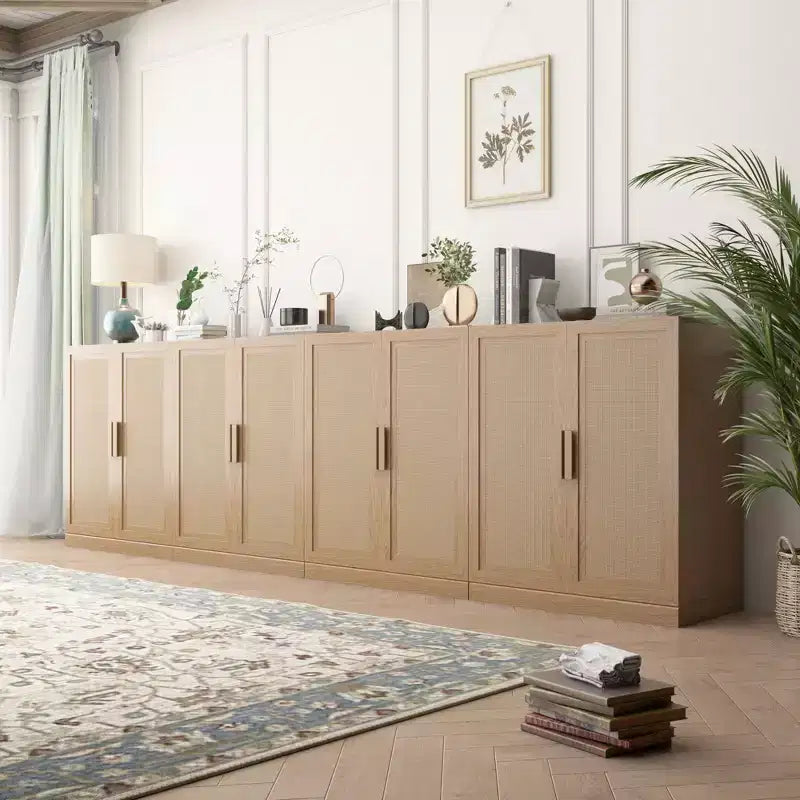 Buffet de 36x31x16 en grain de bois, organisateur de rangement avec étagères réglables et portes en rotin pour cuisine, chambre, salon/salle à manger