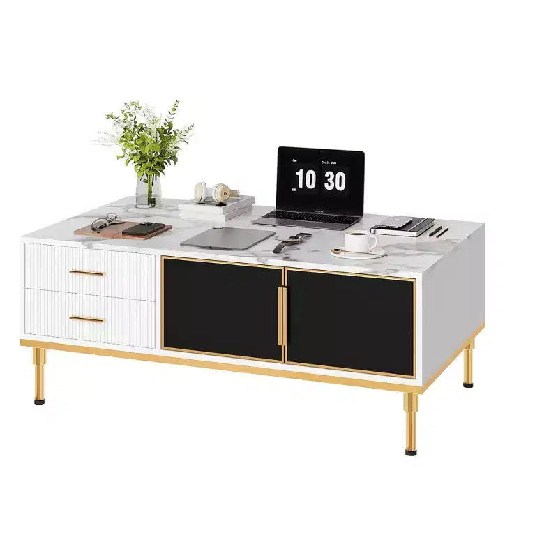 Whizmax Faux Marble Coffee Table - Modern Living Room Table with 4 Drawers & Glass Doors, Fluted Panel Design