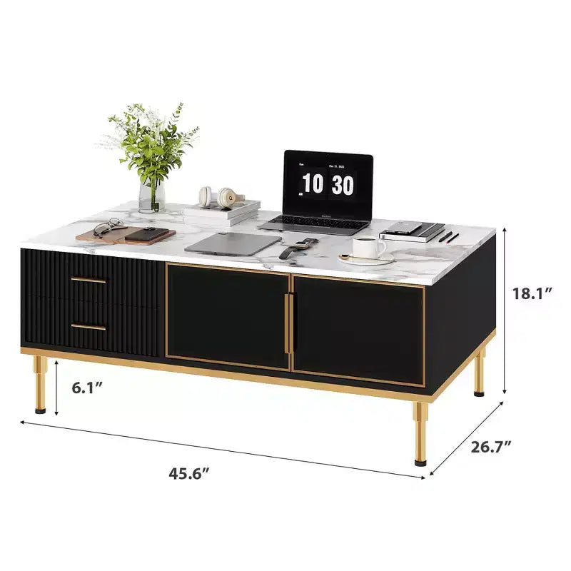 Table basse Whizmax en faux marbre - Table de salon moderne avec 4 tiroirs et portes vitrées, design à panneaux cannelés