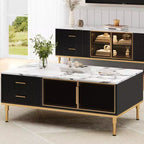 Table basse Whizmax en faux marbre - Table de salon moderne avec 4 tiroirs et portes vitrées, design à panneaux cannelés