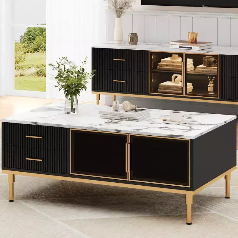 Table basse Whizmax en faux marbre - Table de salon moderne avec 4 tiroirs et portes vitrées, design à panneaux cannelés