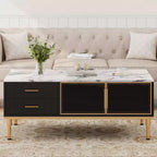 Table basse Whizmax en faux marbre - Table de salon moderne avec 4 tiroirs et portes vitrées, design à panneaux cannelés