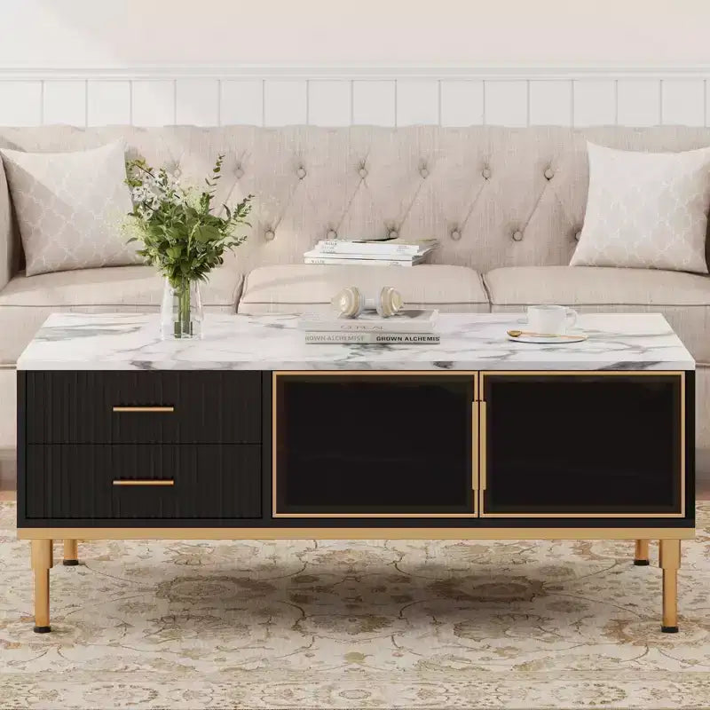Table basse Whizmax en faux marbre - Table de salon moderne avec 4 tiroirs et portes vitrées, design à panneaux cannelés