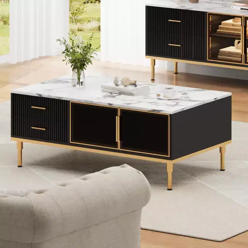 Table basse Whizmax en faux marbre - Table de salon moderne avec 4 tiroirs et portes vitrées, design à panneaux cannelés