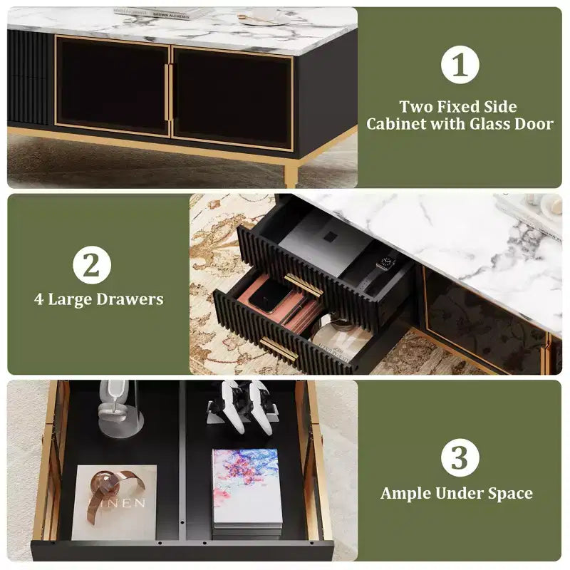 Table basse Whizmax en faux marbre - Table de salon moderne avec 4 tiroirs et portes vitrées, design à panneaux cannelés