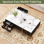 Table basse Whizmax en faux marbre - Table de salon moderne avec 4 tiroirs et portes vitrées, design à panneaux cannelés