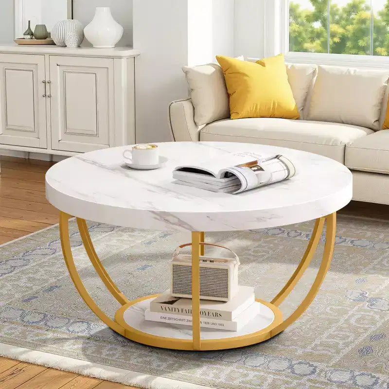 MAYEERTY Table Basse Ronde à 2 Niveaux, Bois Manufacturé Épaissi, Base Métallique Robuste