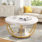MAYEERTY Table Basse Ronde à 2 Niveaux, Bois Manufacturé Épaissi, Base Métallique Robuste