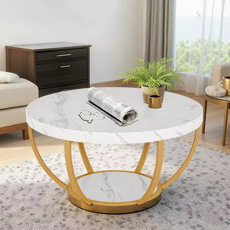 MAYEERTY Table Basse Ronde à 2 Niveaux, Bois Manufacturé Épaissi, Base Métallique Robuste