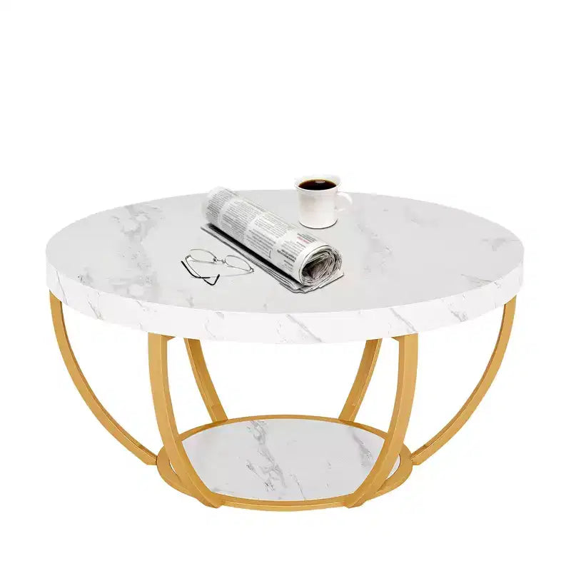 MAYEERTY Table Basse Ronde à 2 Niveaux, Bois Manufacturé Épaissi, Base Métallique Robuste