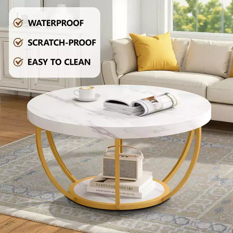 MAYEERTY Table Basse Ronde à 2 Niveaux, Bois Manufacturé Épaissi, Base Métallique Robuste
