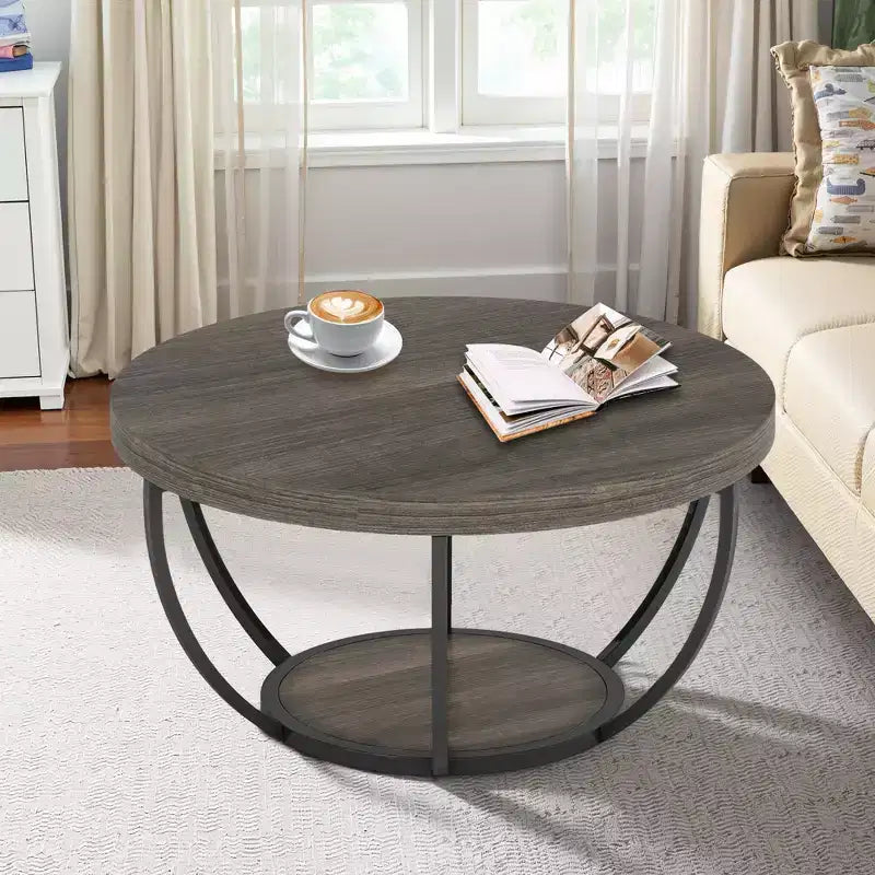MAYEERTY Table Basse Ronde à 2 Niveaux, Bois Manufacturé Épaissi, Base Métallique Robuste