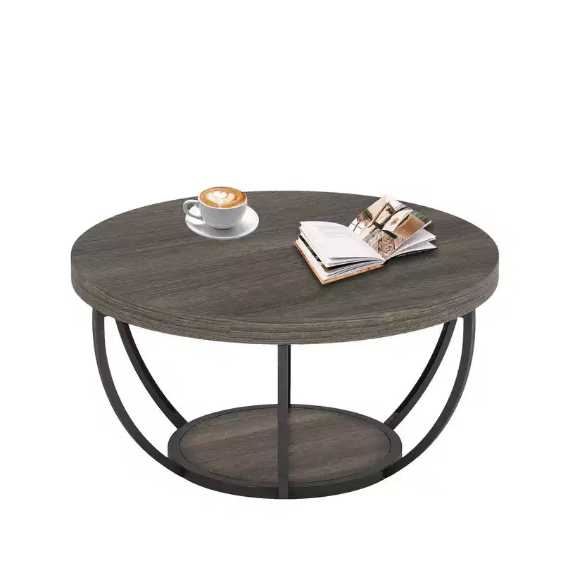 MAYEERTY Table Basse Ronde à 2 Niveaux, Bois Manufacturé Épaissi, Base Métallique Robuste