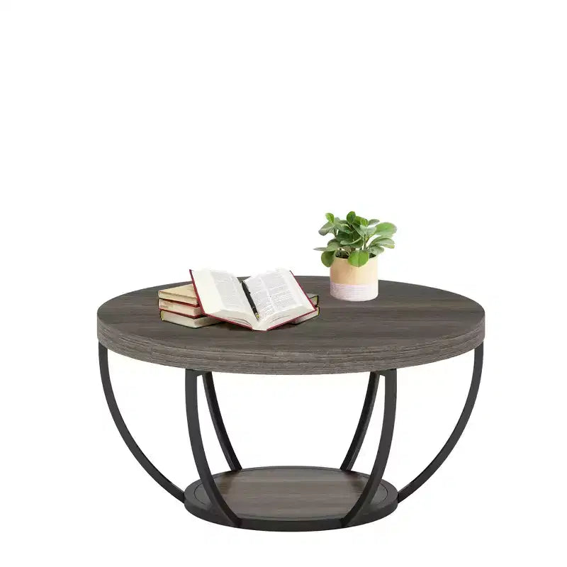 MAYEERTY Table Basse Ronde à 2 Niveaux, Bois Manufacturé Épaissi, Base Métallique Robuste