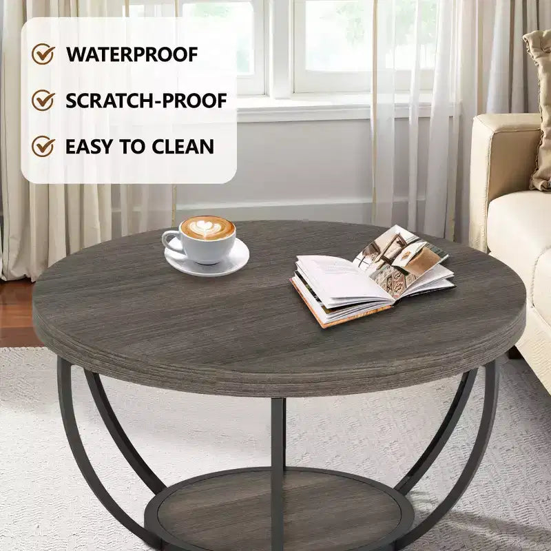 MAYEERTY Table Basse Ronde à 2 Niveaux, Bois Manufacturé Épaissi, Base Métallique Robuste