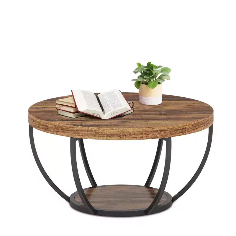 MAYEERTY Table Basse Ronde à 2 Niveaux, Bois Manufacturé Épaissi, Base Métallique Robuste