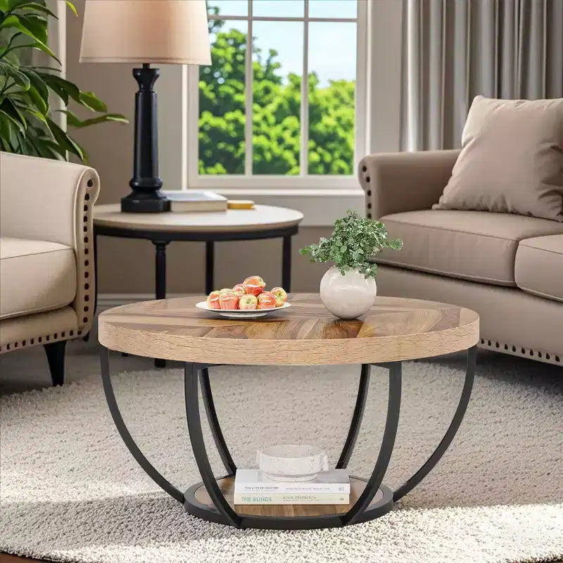 MAYEERTY Table Basse Ronde à 2 Niveaux, Bois Manufacturé Épaissi, Base Métallique Robuste