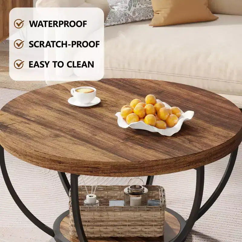 MAYEERTY Table Basse Ronde à 2 Niveaux, Bois Manufacturé Épaissi, Base Métallique Robuste