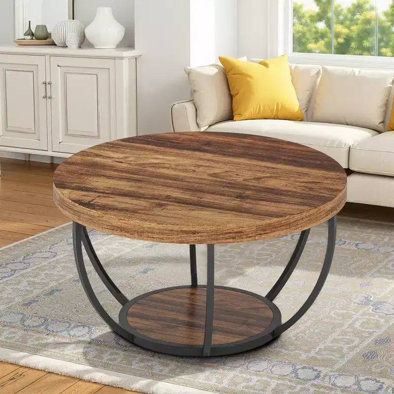 MAYEERTY Table Basse Ronde à 2 Niveaux, Bois Manufacturé Épaissi, Base Métallique Robuste