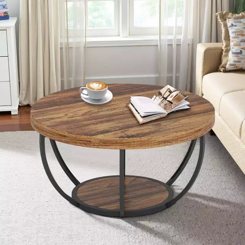 MAYEERTY Table Basse Ronde à 2 Niveaux, Bois Manufacturé Épaissi, Base Métallique Robuste