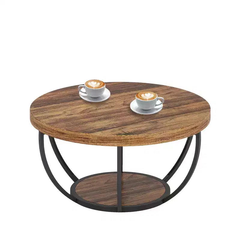 MAYEERTY Table Basse Ronde à 2 Niveaux, Bois Manufacturé Épaissi, Base Métallique Robuste