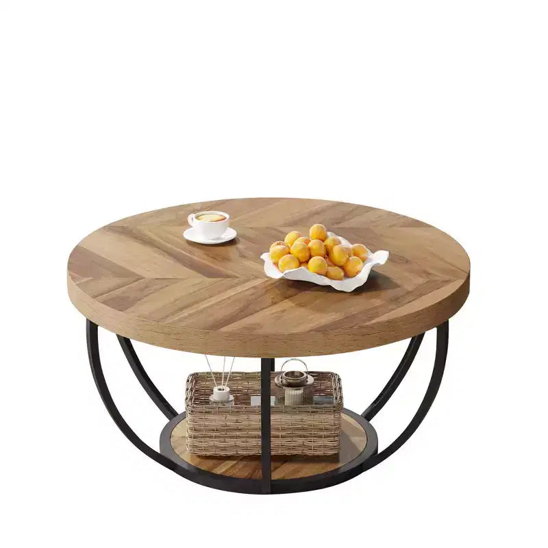 MAYEERTY Table Basse Ronde à 2 Niveaux, Bois Manufacturé Épaissi, Base Métallique Robuste