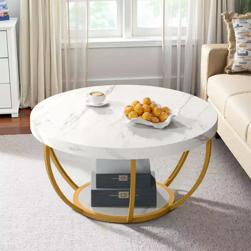 MAYEERTY Table Basse Ronde à 2 Niveaux, Bois Manufacturé Épaissi, Base Métallique Robuste