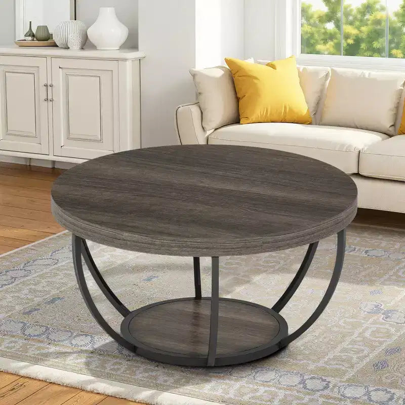 MAYEERTY Table Basse Ronde à 2 Niveaux, Bois Manufacturé Épaissi, Base Métallique Robuste