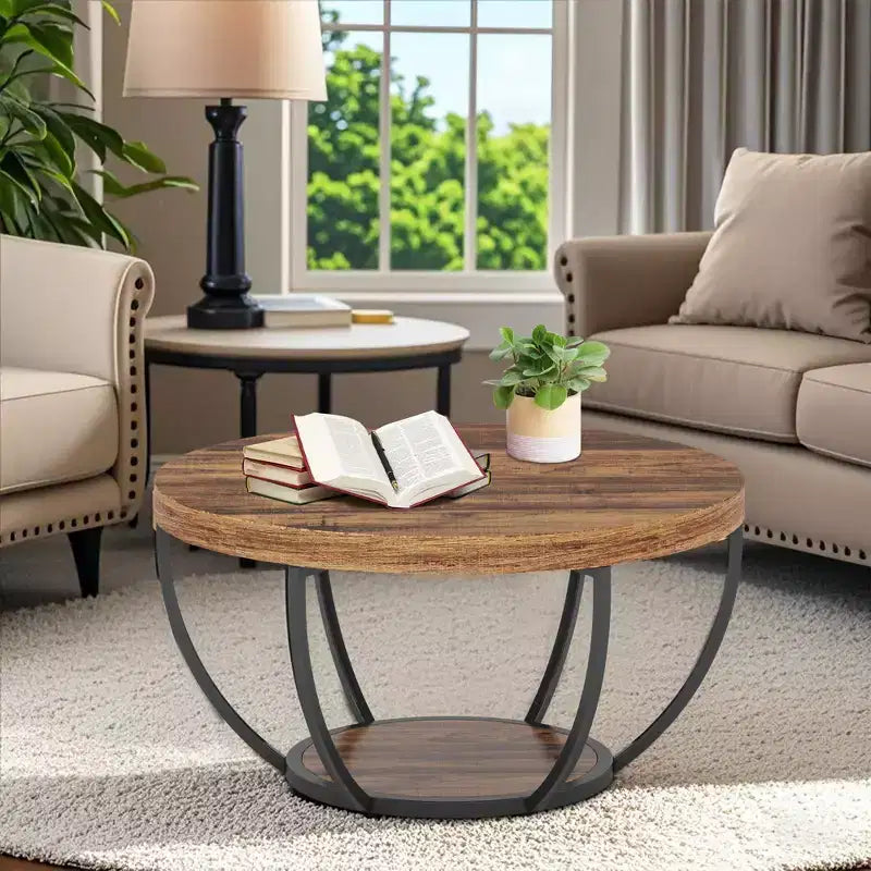 MAYEERTY Table Basse Ronde à 2 Niveaux, Bois Manufacturé Épaissi, Base Métallique Robuste