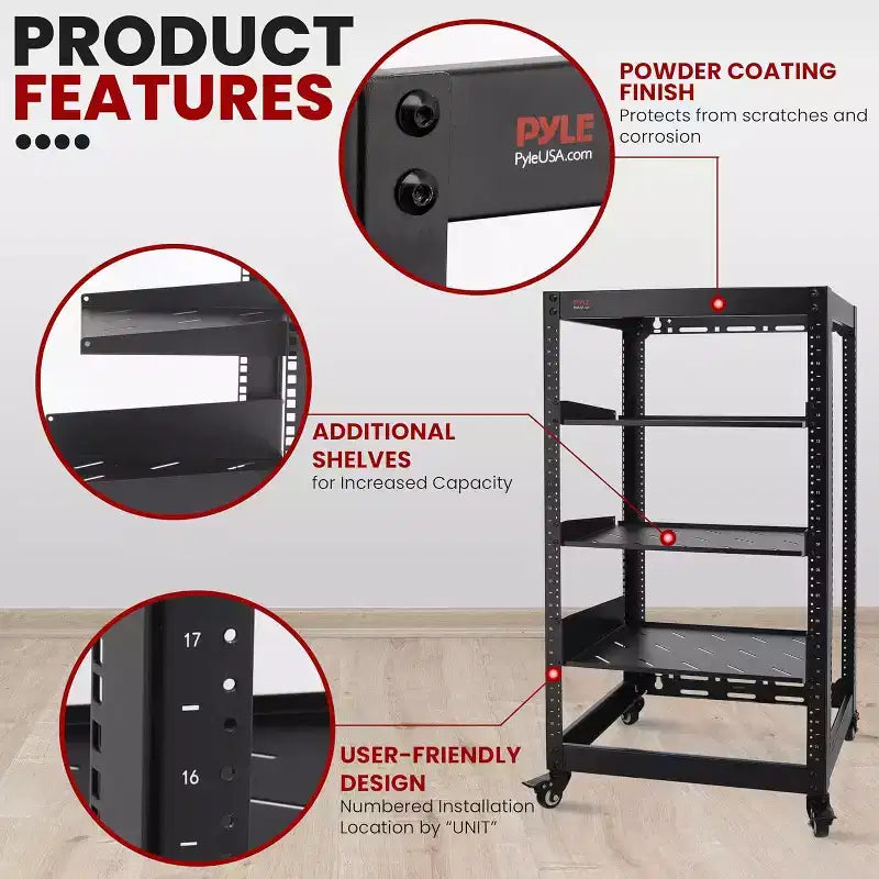 Pyle Armoire réseau ouverte 20U - Rack en acier robuste pour serveurs et équipement audiovisuel (PLRS20UW) - Noir