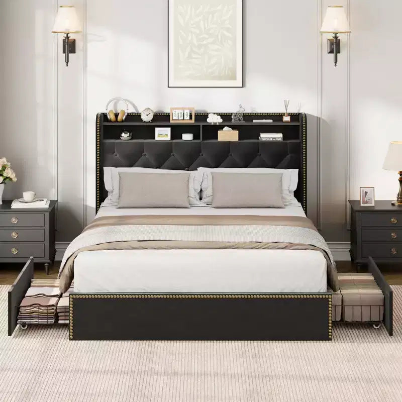 Cadre de lit tapissé Garvee avec 4 tiroirs, plateforme en velours noir avec tête de lit capitonnée et clous décoratifs, pas besoin de sommier tapissier