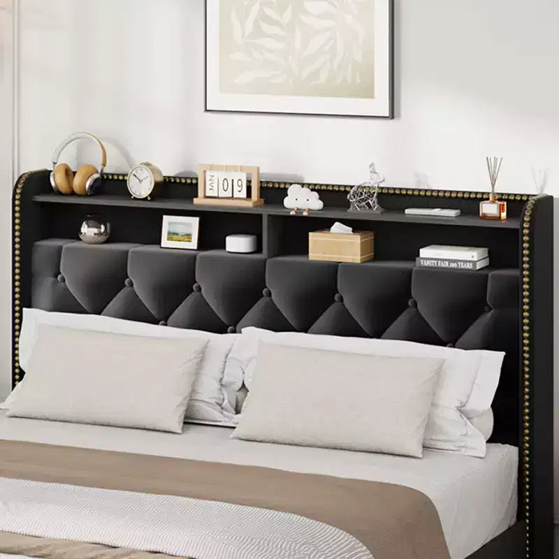 Cadre de lit tapissé Garvee avec 4 tiroirs, plateforme en velours noir avec tête de lit capitonnée et clous décoratifs, pas besoin de sommier tapissier