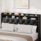 Cadre de lit tapissé Garvee avec 4 tiroirs, plateforme en velours noir avec tête de lit capitonnée et clous décoratifs, pas besoin de sommier tapissier