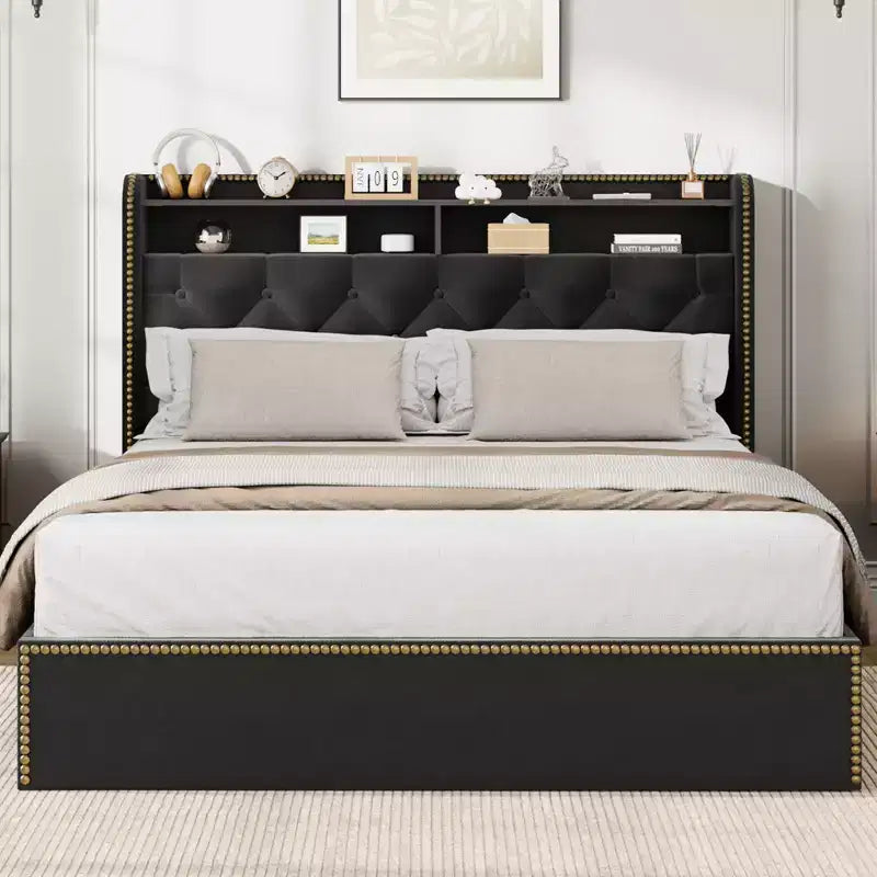 Cadre de lit tapissé Garvee avec 4 tiroirs, plateforme en velours noir avec tête de lit capitonnée et clous décoratifs, pas besoin de sommier tapissier