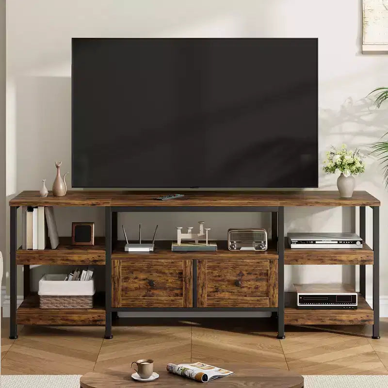 Modern-Industrial TV Stand with Metal Frame & 2 Fabric Drawers