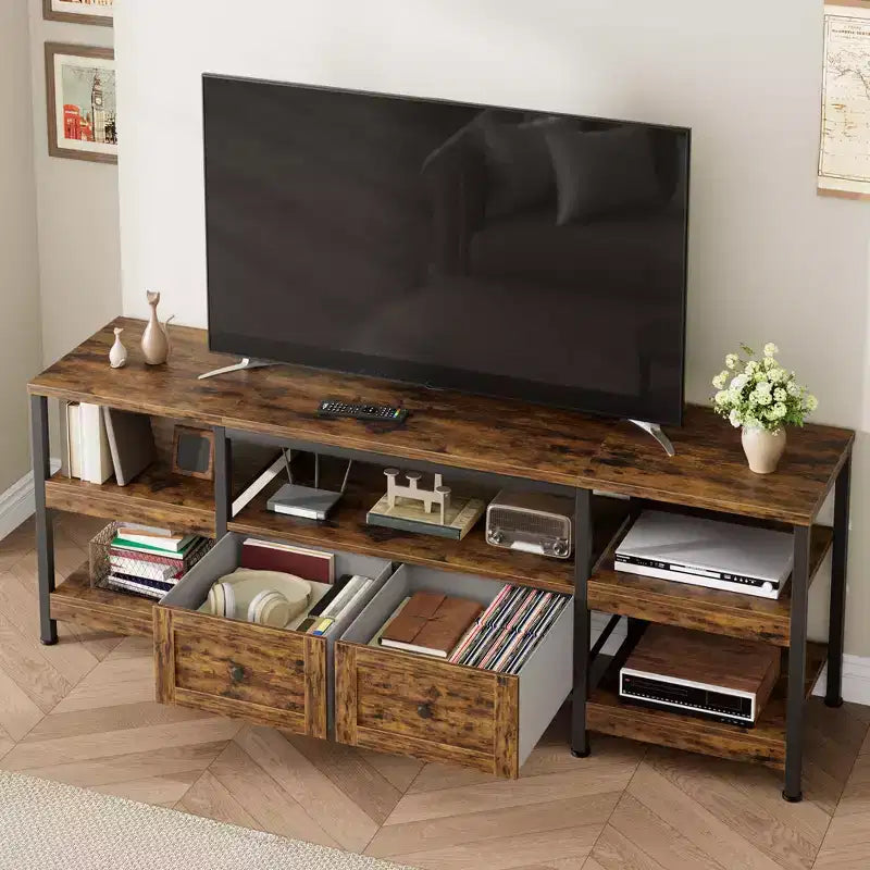 Meuble TV moderne-industriel avec cadre en métal et 2 tiroirs en tissu