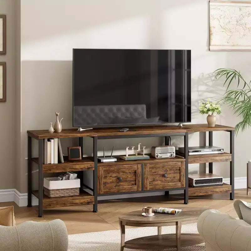 Meuble TV moderne-industriel avec cadre en métal et 2 tiroirs en tissu