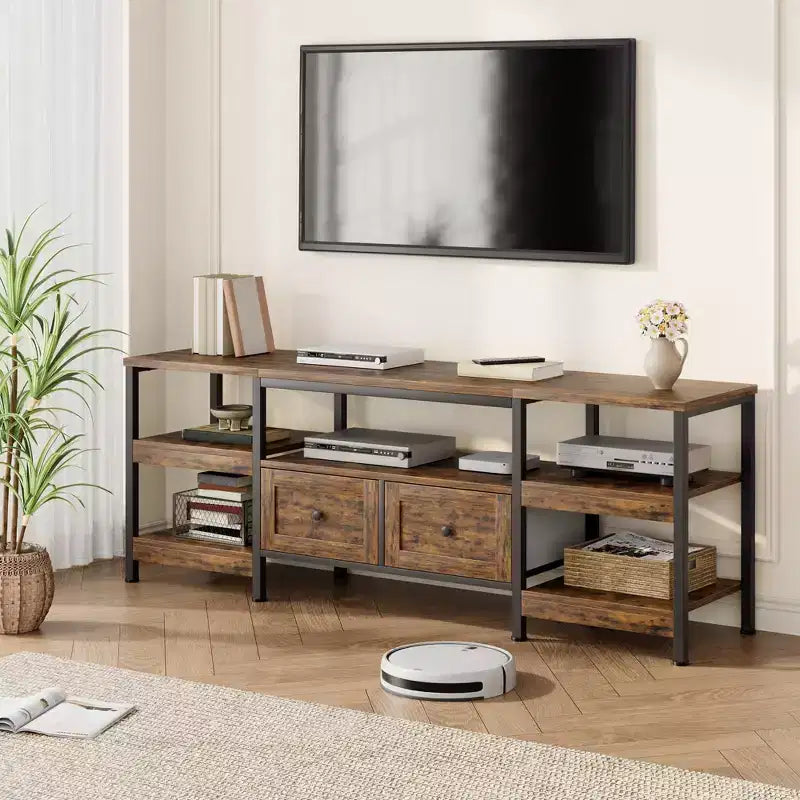 Meuble TV moderne-industriel avec cadre en métal et 2 tiroirs en tissu
